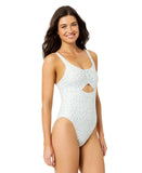California Waves Womens Ditsy Wide Rib Tunneled One-Piece Swimsuit Blue Combo M