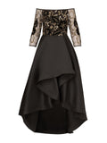 Adrianna Papell Womens Off the Shoulder Beaded Taffeta Gown Black / Gold 4