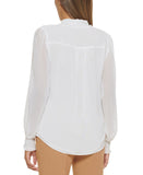 Calvin Klein Mock Neck Bow Tie Front Ruffled Cuffs Blouse Top Cream Off White XL