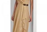 Lauren Ralph Lauren Womens Buckle-Trim Metallic Chiffon Dress Birch Tan Gold 14