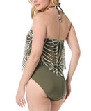 Coco Reef Womens Aura Palm Print Mesh Ruffle Tankini Swim Top Green / Multi 36DD