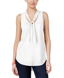 Almost Famous Juniors Sleeveless Tie-Neck Tank Blouse Top White M