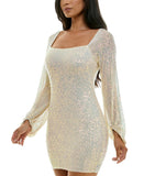 Emerald Sundae Sequin Blouson-Sleeve Bodycon Mini Dress Cream Off White M