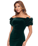 Xscape Womens Off The Shoulder Ruffled Velvet Strapless Dress Hunter Green 14