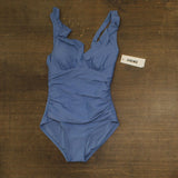 DKNY Womens Ruffle Plunge Underwire Tummy Control One-Piece Swimsuit Blue Bell S