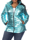White Mark Womens Plus Size Metallic Puffer Coat PS8999M Mint Blue 1X