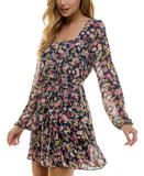 City Studio Juniors Square-Neck Fit Flare Shear Lined Dress Navy Blue Multi S