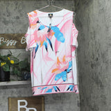 JM Collection Printed Cold Shoulder Top with Necklace Pink Gemstone Combo XL
