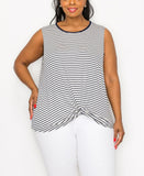 Coin 1804 Plus Size Contrast Binding Front Twist Tank Top Ivory / Navy Blue 1X