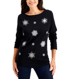 Karen Scott Embellished Christmas Holiday Festive Print Top Black Snowflake XL