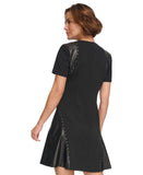 DKNY Womens Short Sleeve Leather Detail Flare Sheath Dress DD3J1489 Black 10