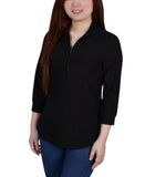 Ny Collection Womens Petite 3/4 Sleeve Honeycomb Half Zip Shirt Top Black PM