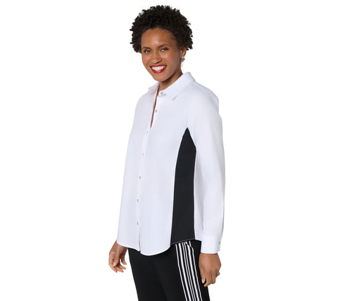 Attitudes by Renee Button Front Shirt with Color Blocking White / Black XS