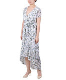 Ny Collection Petite Short Sleeve High Low Hem Chiffon Dress Blue Floral PL