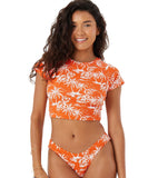 Roxy Cropped Rash Guard Short Sleeve UPF 50 Surf Top Red Orange Multi M