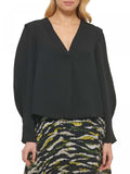 DKNY Womens Solid V-Neck Pullover Top P23AAO16 Black XL