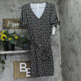 NY Collection Short Sleeve Belted Knit V-Neck Dress Ditsy Floral Black Multi L