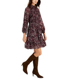 Taylor Women's Printed Mock-Neck Smocked Long-Sleeve Dress Mauve Plum Purple 8