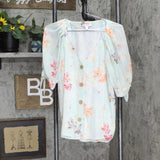 LC Lauren Conrad Womens Lined Puff Sleeve Button Up Shirt Blue Multi M