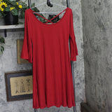 24Seven Knit Midi Criss Cross Cold Shoulder 3/4 Flare Sleeve Dress Dark Red M