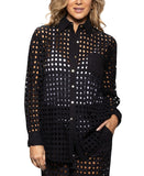 Dotti Womens Cotton Openwork Dot Cover-up Beach Shirt Roll Tab Sleeve Black S