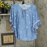 Womens Embroidered Bell Sleeve Denim Shirt Top Blue See Measurements