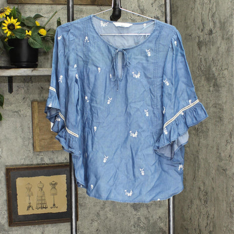 Womens Embroidered Bell Sleeve Denim Shirt Top Blue See Measurements