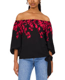 Sam & Jess Womens Off-the-Shoulder Floral Tie-Hem Top Rich Black / Red M