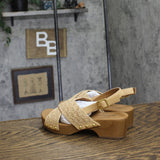Style & Co. Faux Wood Criss Cross Heeled Sandals Creme Off White / Tan Brown 5M