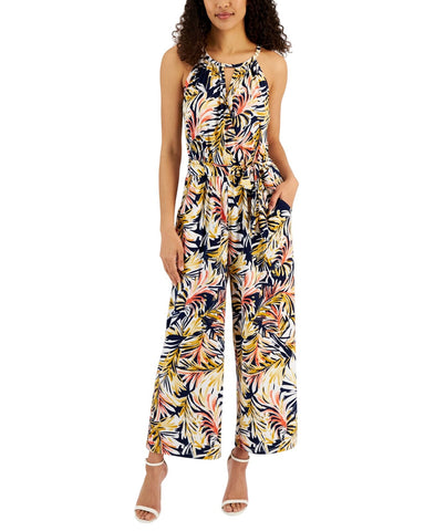 Studio by JPR Leg Scoop Neck Keyhole Self Tie Faux Wrap Cropped Jumpsuit Blue S