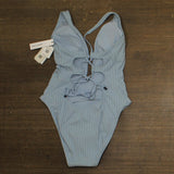 Sanctuary Refresh Rib Plunging Lace Back Mio One-Piece Swimsuit Blue Chateau L