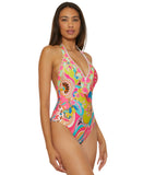 Trina Turk Womens Venus Plunge One-Piece Swimsuit Venus Swim Pink Multi 14