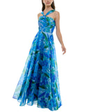 Taylor Womens Twisted Halter Printed Gown Dress 9185S Sapphire Blue 14