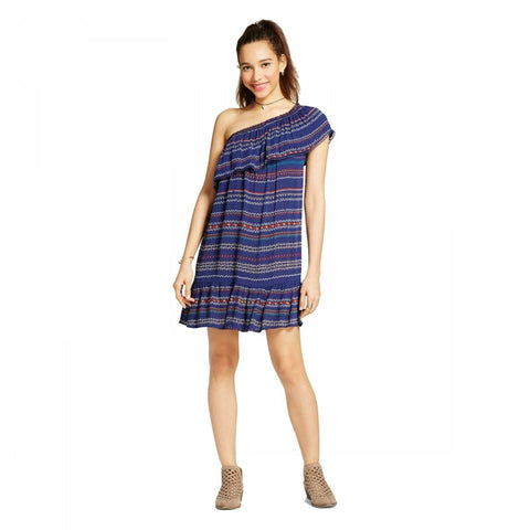 Xhilaration Women's One Shoulder Shift Dress Blue Stripe XS