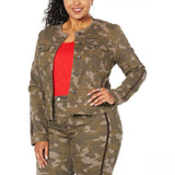 Skinnygirl Women's Plus Size Collarless Fray Denim Jacket With Stripe