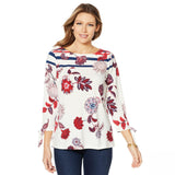 DG2 by Diane Gilman Women's 3/4 Tie Sleeve Floral Striped T-Shirt White Plus 1X