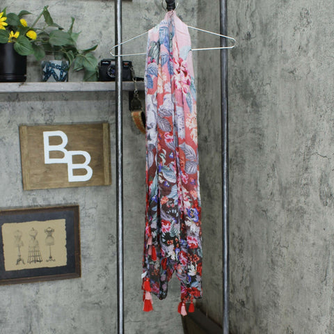 Echo Womens Tasseled Floral Oblong Scarf Red