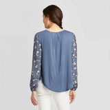 Knox Rose Women's Floral Print Long Sleeve Split Neck Blouse Shirt