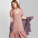 Wild Fable Women's Floral Print Short Sleeve V-Neck Button-Down Midi Dress
