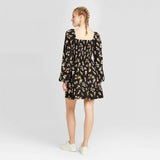 Xhilaration Women's Floral Long Sleeve Square Neck Smocked Top Mini Dress
