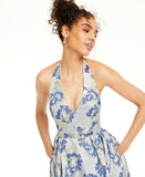 Speechless Juniors' Metallic Floral Brocade Halter Gown Blue / Gold 15