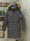 Tommy Hilfiger Women's Faux Fur Trim Hooded Chevron Puffer Coat Grey XS