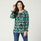 Susan Graver Women's Floral Liquid Knit Long Sleeve Peasant Top