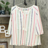 Lemon Way Women's Tie Tassel Front Embroidered Peasant Blouse