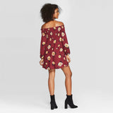 Xhilaration Women's Floral Print Smocked Top Off The Shoulder Mini Dress