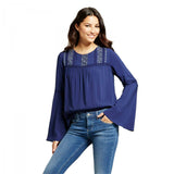 Knox Rose Women's Long Bell Sleeve Embroidered Peasant Top