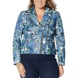 Colleen Lopez Women's Plus Size Edgy Faux Leather Moto Jacket Blue Floral 1X