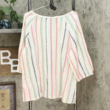 Lemon Way Women's Plus Size Tie Tassel Front Striped Peasant Blouse