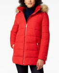 Tommy Hilfiger Women's Faux Fur Trim Hooded Puffer Coat Red Small