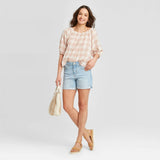 Universal Thread Women's Plaid Bubble 3/4 Sleeve Round Neck Top